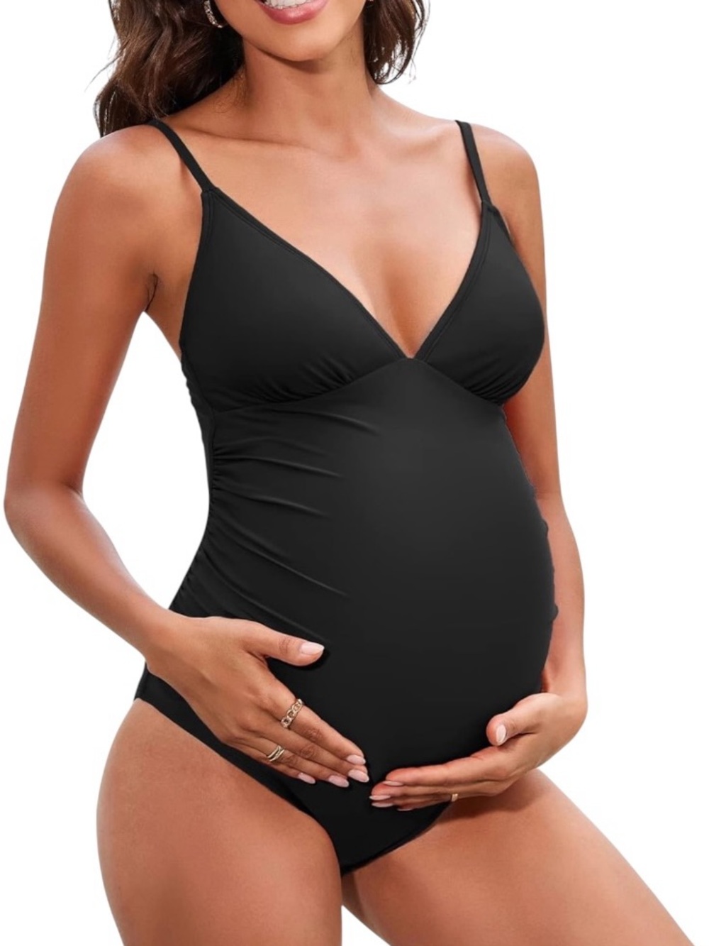 NWT Cupshe Black One Piece Maternity Swimsuit Speghitti Straps Ruched SZ Med